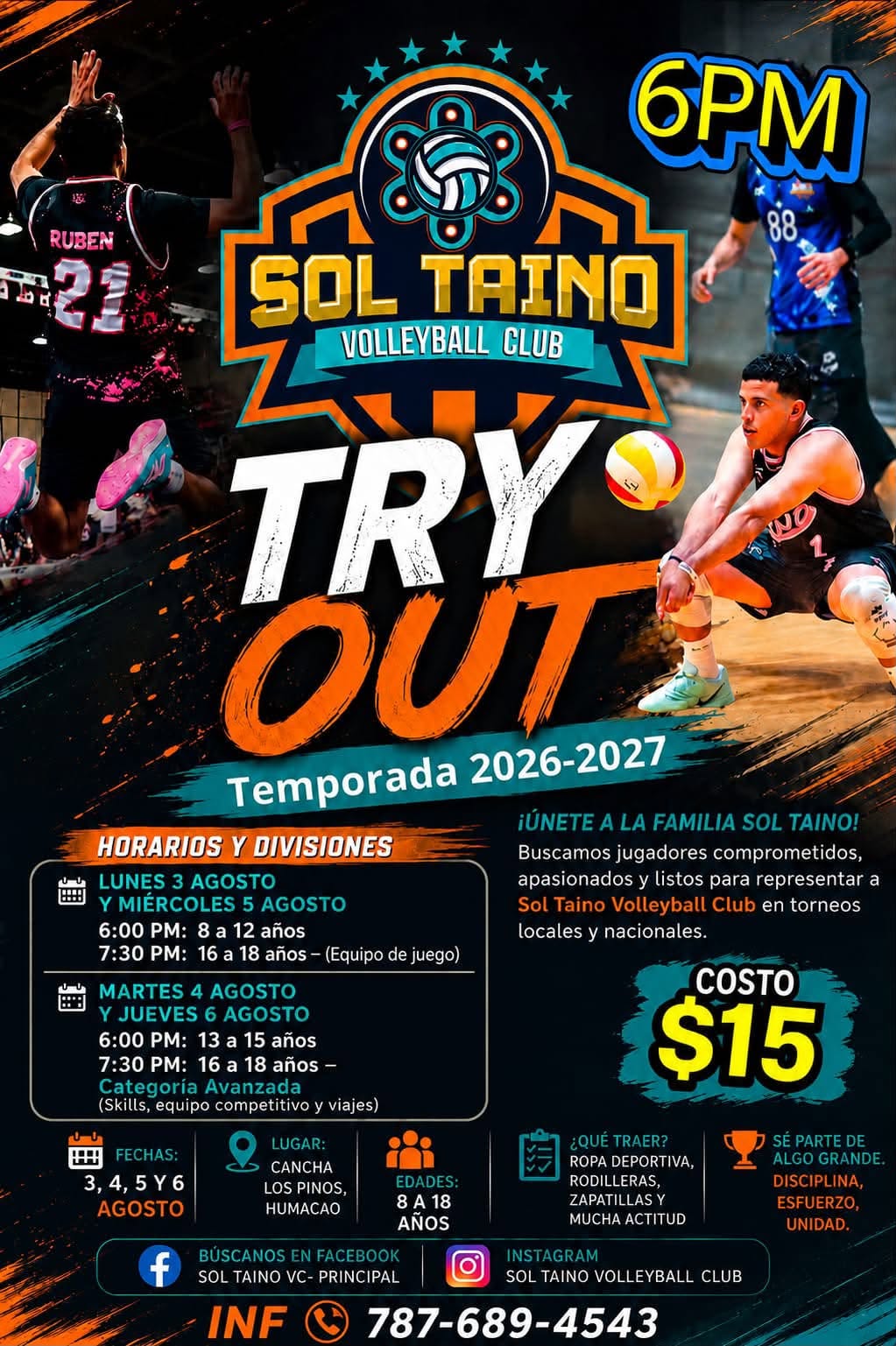 Afiche de try outs de Sol Taíno Volleyball Club para la temporada 2026-2027
